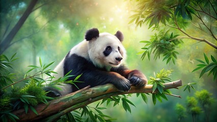 Fototapeta premium Watercolor Panda Resting on Tree Branch, Long Exposure, Peaceful Nature Scene