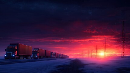 Obraz premium Powerful trucking company banner--massive fleet positioned under a breathtaking sunset.