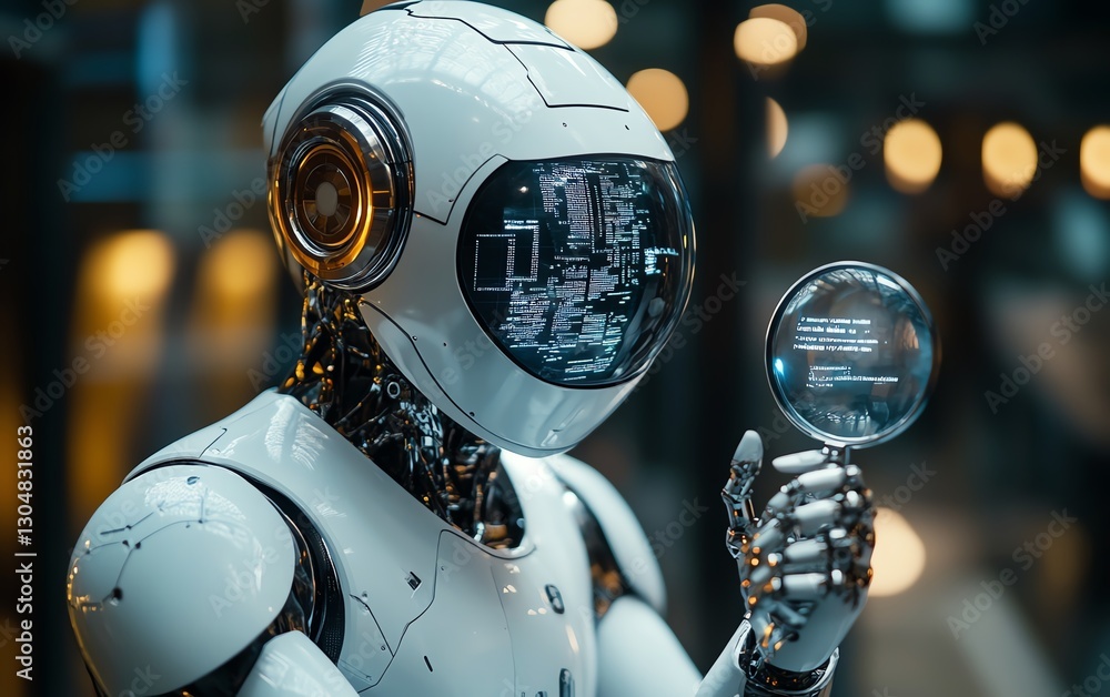 Poster friendly ai robot reviewing customer feedback through a magnifying glass, optimizing marketing strat