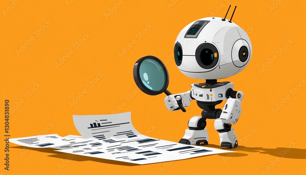 Poster friendly robot analyzing client reviews with magnifying glass, aidriven analysis for optimized marke