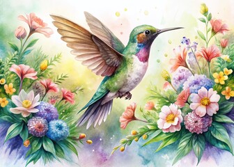 Obraz premium Watercolor Hummingbird and Flowers Aerial View - Artistic Nature Photography
