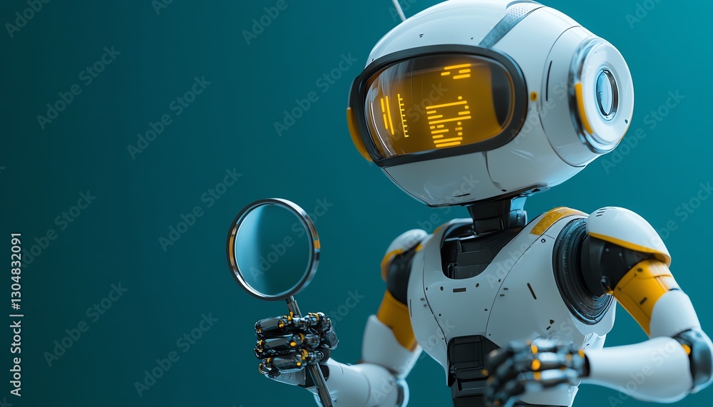 Poster friendly robot reviewing client feedback using a magnifying glass