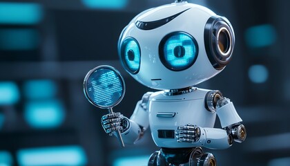 Friendly robot reviewing client feedback using a magnifying glass