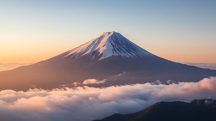 Majestic sunrise view of a snow-capped mountain peak above clouds.