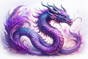 Obraz premium Watercolor Violet Dragon: Elegant Coiled Mythical Creature in Surreal Art