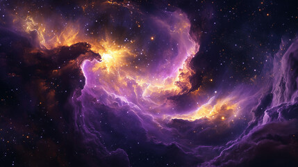 Obraz premium Surreal nebula background Swirling purple and gold interstellar clouds, glittering star clusters, black hole distortion effect