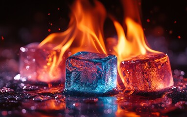 Ice cubes burning with intense fire, red and orange flames engulfing the ice, one blue cube, dramatic contrast of opposite elements, visual conceptual art