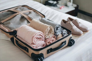 Neatly packed suitcase with rolled clothing and stylish shoes placed on hotel bed