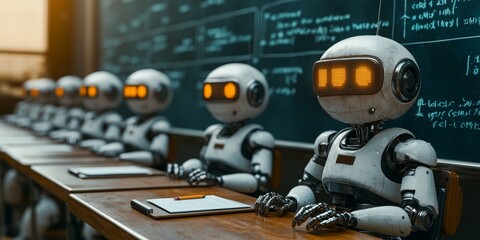 Fototapeta premium Classroom with Robots Learning from Teacher in a Futuristic Education Environment