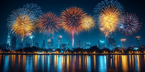 Fototapeta premium Spectacular Fireworks Display Over City Skyline at Night