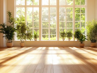 Fototapeta premium Bright Interior with Large Window and Green Plants Illuminating Wooden Floor in Serene Sunny Ambiance