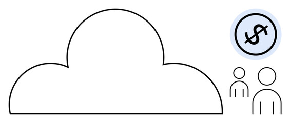 Cloud outline with dollar sign and two human icons indicating cost control, user access, and utilization. Ideal for technology, finance, collaboration, cloud service, cost-analysis, data sharing