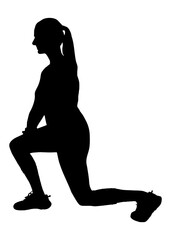 Silhouette of athletic woman doing lunges and stretching legs. Vector illustration