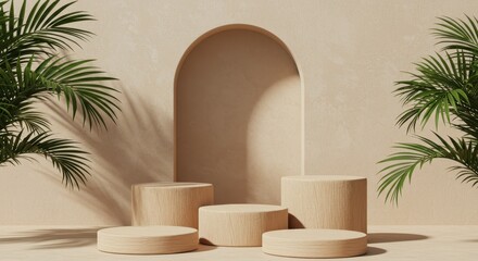 Fototapeta premium A stylish display featuring cylindrical wooden podiums arranged in front of a textured beige wall with an arched alcove