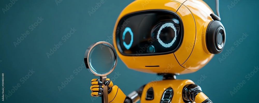 Poster robot analyzing client reviews with magnifying glass, aipowered analysis optimizing marketing strate