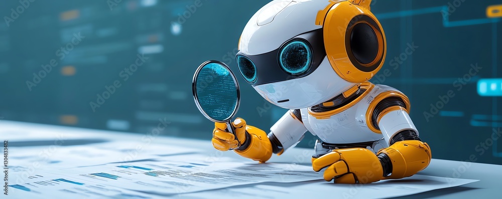 Poster robot analyzing client reviews with magnifying glass, aipowered analysis optimizing marketing strate