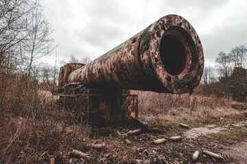 Antique cannon in lush overgrowth. Generative AI