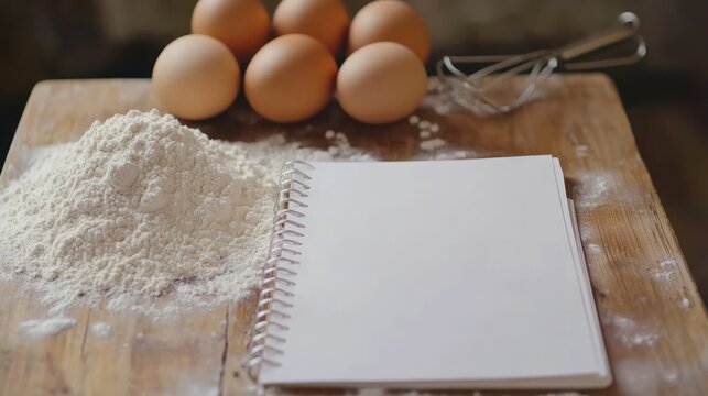 rustic baking scene featuring eggs flour whisk and an open blank notebook inviting culinary creativity and recipe inspiration