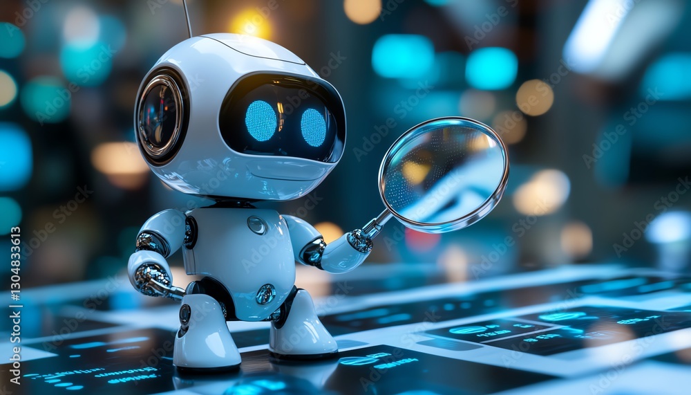 Poster robot examining client reviews using a magnifying glass, ai analysis for better marketing strategies