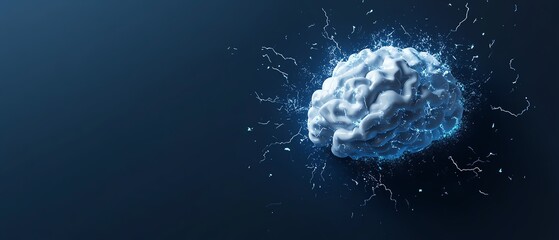 White 3D brain graphic on dark blue background, white lightning bolts surrounding the brain, stress awareness day concept, suitable for mental health healthcare campaigns