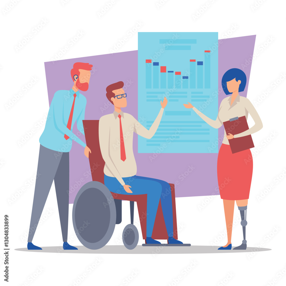 Poster diverse group of professionals discussing report during meeting. one member in wheelchair engaged wi