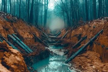 Mysterious trench in a foggy forest landscape. Generative AI