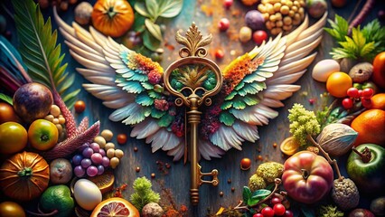 Fototapeta premium Whimsical Key with Wings and Eye: Surreal Food Photography