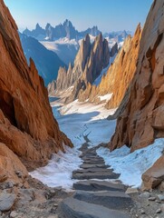 Fototapeta premium Majestic mountainscape view of Fitz Roy massif with snowcapped peaks and rocky trail under clear blue sky