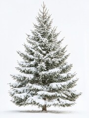 Majestic evergreen tree covered in fresh snow creating a serene winter scene against a bright white background evoking holiday spirit