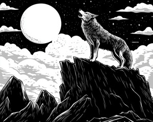 A gray wolf howling at the moon on a rocky cliff, engraving and scratch board style sketch, black and white illustration