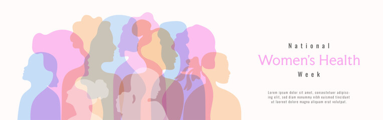 National Women's health week may banner template. background, banner, card, poster, template. Vector illustration. Multicolored silhouette of diversity girls