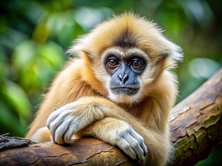 Obraz premium White-Cheeked Gibbon Resting on Tree Branch - Macro Photography