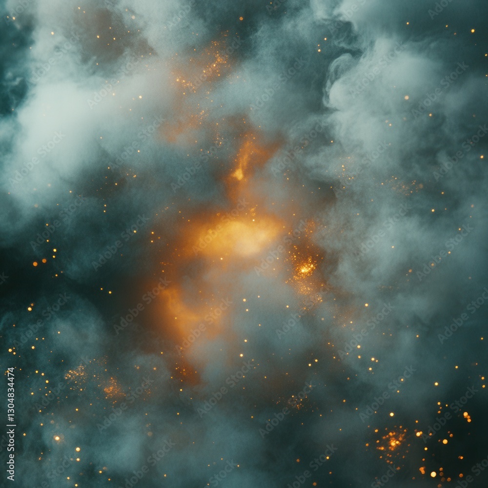 Poster ethereal nebula of smoke with golden particles in a dark space abstract background with dreamy mood 
