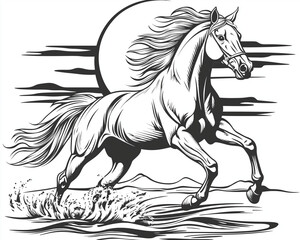 A graceful Arabian horse galloping through a desert at sunset, engraving and scratch board style sketch, black and white illustration