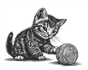 A gray tabby kitten playing with a ball of yarn, engraving and scratch board style sketch, black and white illustration