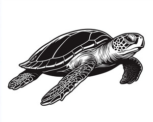 Obraz premium A sea turtle swimming gracefully, engraving and scratch board style sketch, black and white illustration
