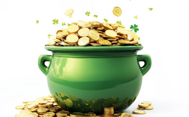 Pot of Gold: A vibrant green pot brimming with shiny gold coins, symbolizing wealth and prosperity, with scattered shamrocks and coins accentuating the festive and lucky theme. 