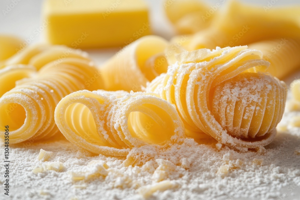 Aufkleber close up of uncooked lumache pasta with flour and butter on white surface in bright studio light for