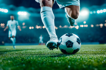 Fototapeta premium The exciting moment a footballer's foot hits the ball during a thrilling match at the stadium in the evening
