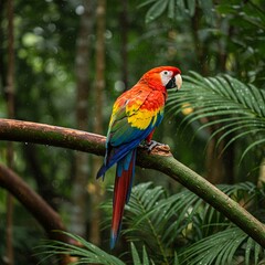 Vibrant Scarlet Macaw Perched on a Branch in Lush Rainforest, Natural Light Photography