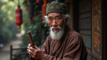 Fototapeta premium Elderly Asian man playing a traditional ancient string instrument, smiling warmly. Cultural and musical heritage .