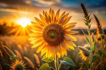 Obraz premium Wild Sunflower Close-up: Backlit Single Bloom Swaying in Wind