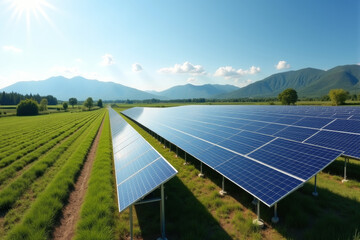 Large solar farm with reflective panels under bright sunlight, renewable energy concept  .