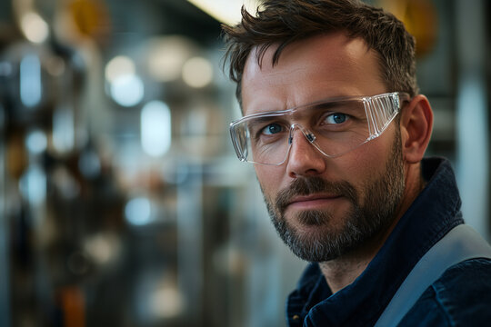Confident engineer in an industrial setting, wearing safety glasses and a work jacket. His focused gaze reflects expertise, precision, and dedication to innovation in engineering and manufacturing.
