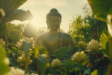 Serene Buddha statue amidst tropical sunset garden