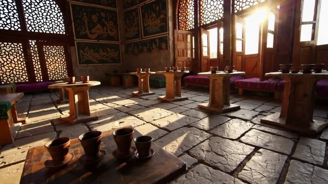 Sunlight illuminating traditional tea room in uzbekistan