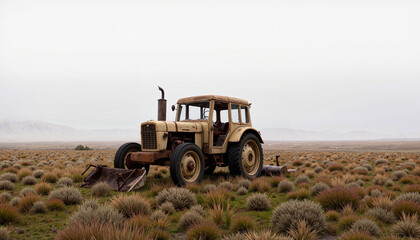 Obraz premium Lonely abandoned tractor in desolate field during morning fog, solitude