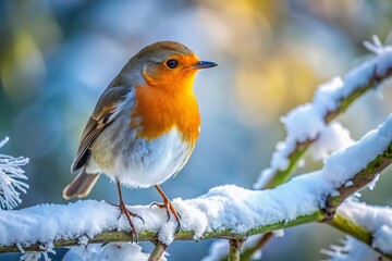 Fototapeta premium Winter Robin Perched on Snowy Branch, Candid Wildlife Photography