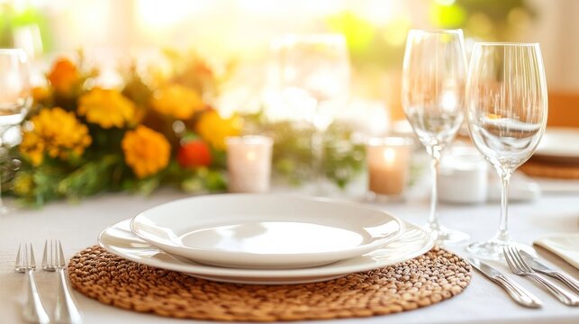 Table Setting with Warm Glow: A romantic table setting features elegant white dinnerware and gleaming wine glasses, accented by a vibrant floral centerpiece and warm candlelight. - Powered by Adobe