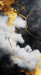 A pattern of marble with black and white veins, resembling clouds in the sky, combined with golden cracks, creating an elegant texture for a phone wallpaper design.